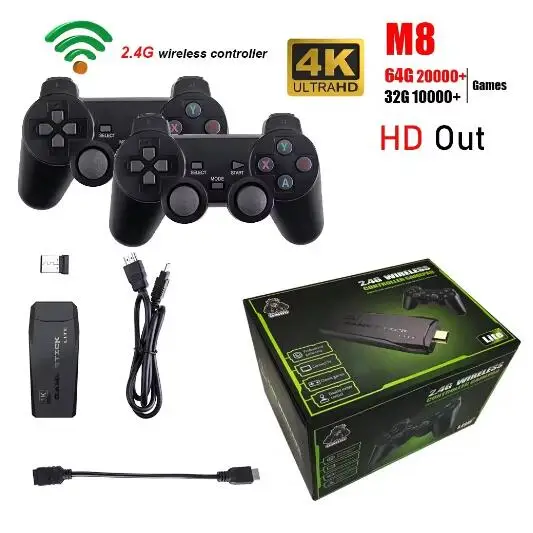 M8 TV Stick คอนโซลวิดีโอเกม 2.4G Wireless Controller 4K 20000 เกม 64GB 32GB Retro เกมเด็กคริสต์มาสของขวัญ