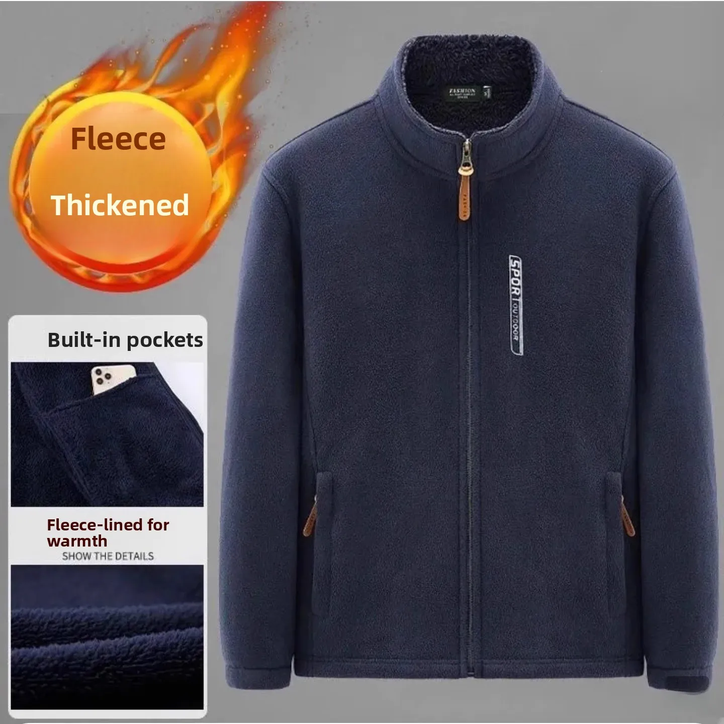 

Теплая зимняя куртка на флисовой подкладке с воротником-стойкой для мужчин среднего возраста, модное городское пальто на молнии