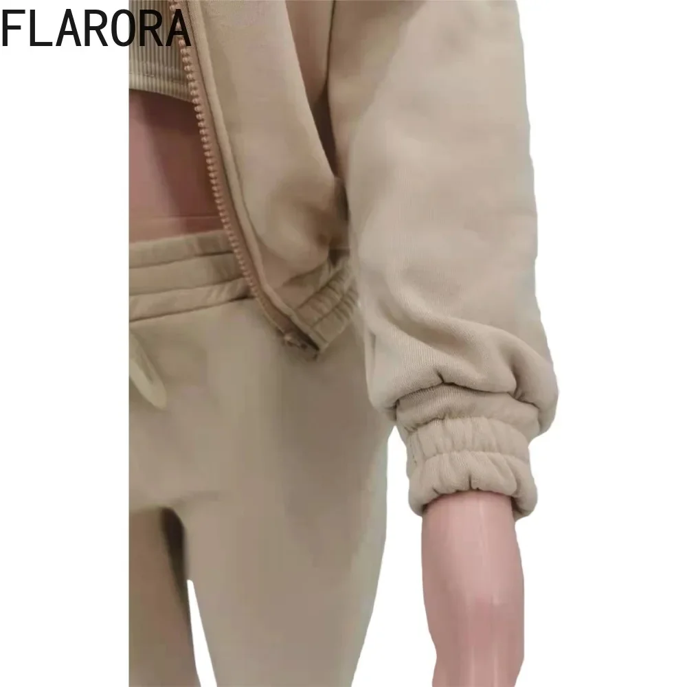 FLARORA Autumn Winter Pants 3 Piece Sets Woman Solid Zipper Hooded Coat Vest And Drawstring Pants Set Casual Sweatpants Outfits