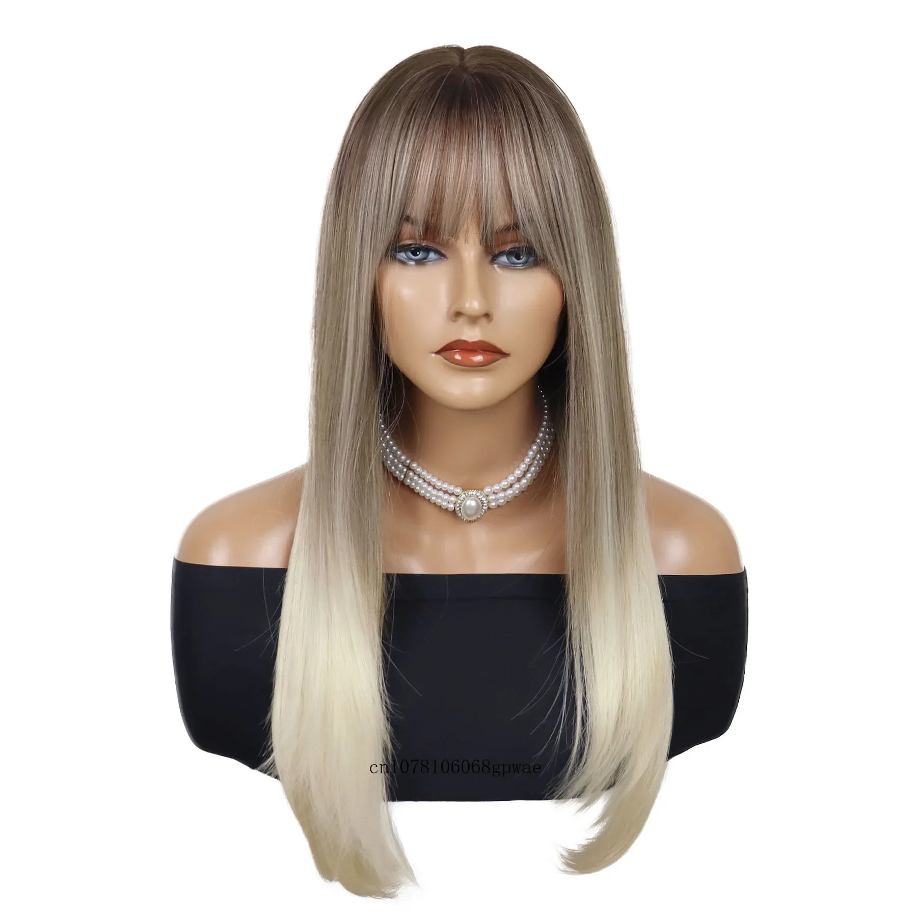 Brown Ombre Blonde Synthetic Wigs for Women Gradient 27 Inch Long Straight Wig with Bangs Heat Resistant Daily Costume Party