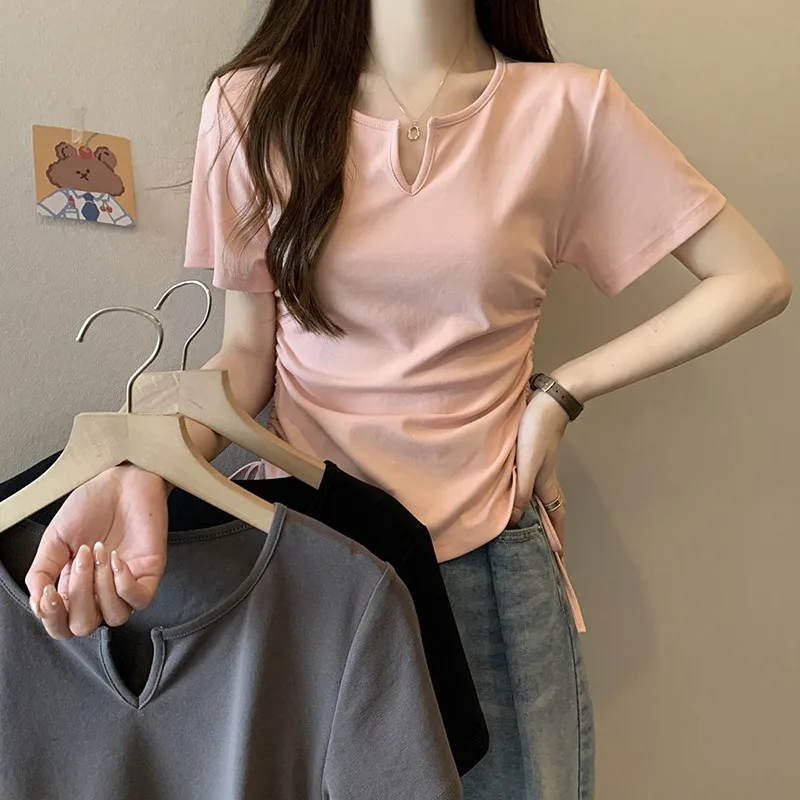 

2024 Summer Lace Up Top T-shirt Slim Fit V-neck Front Shoulder Pleated High Waist Short Sleeve New T-shirt for Women