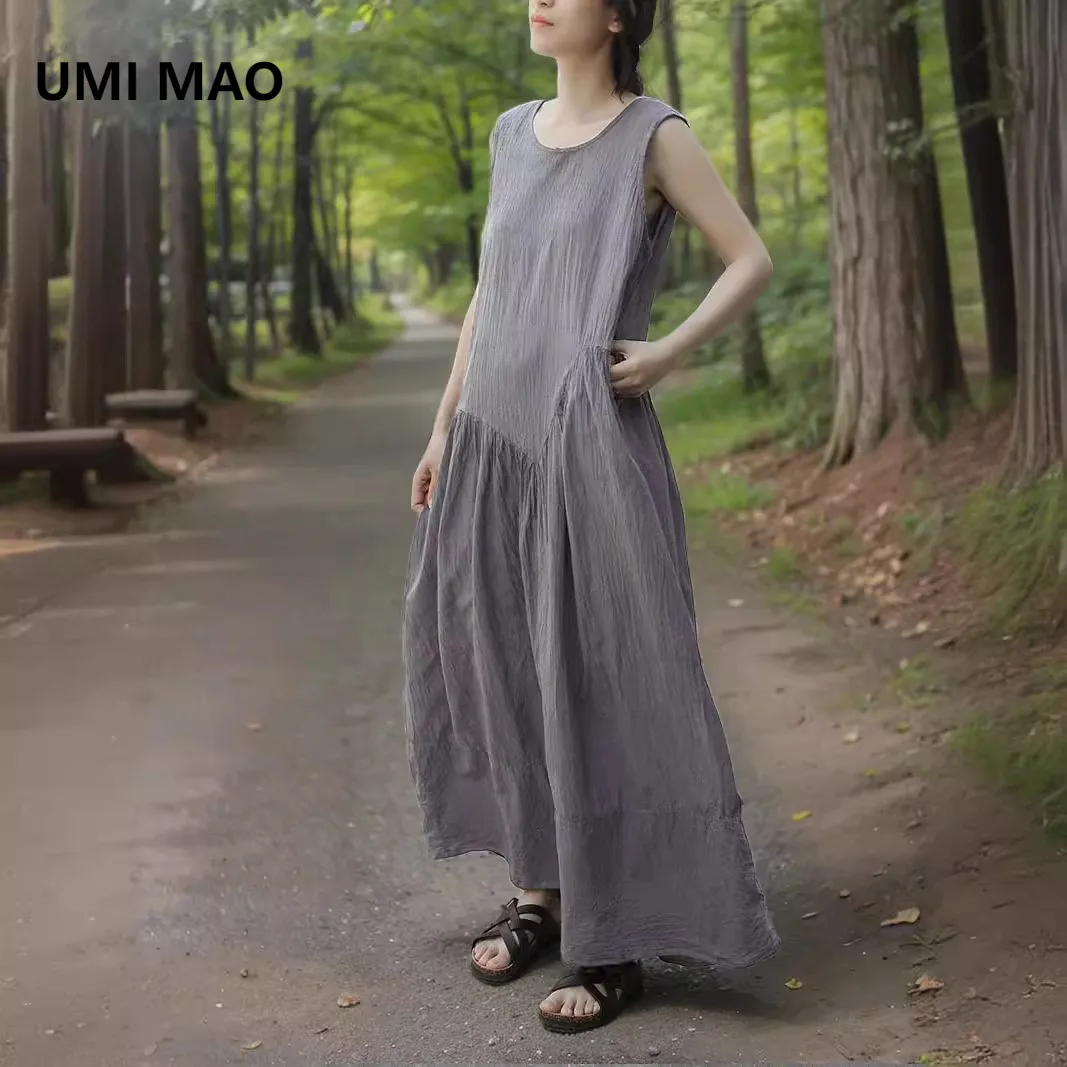 

UMI MAO Летнее платье из чесаного хлопка с бамбуковым узлом, художественный жилет, длинное платье с струящейся текстурой, элегантное платье на шнуровке с воротником сзади