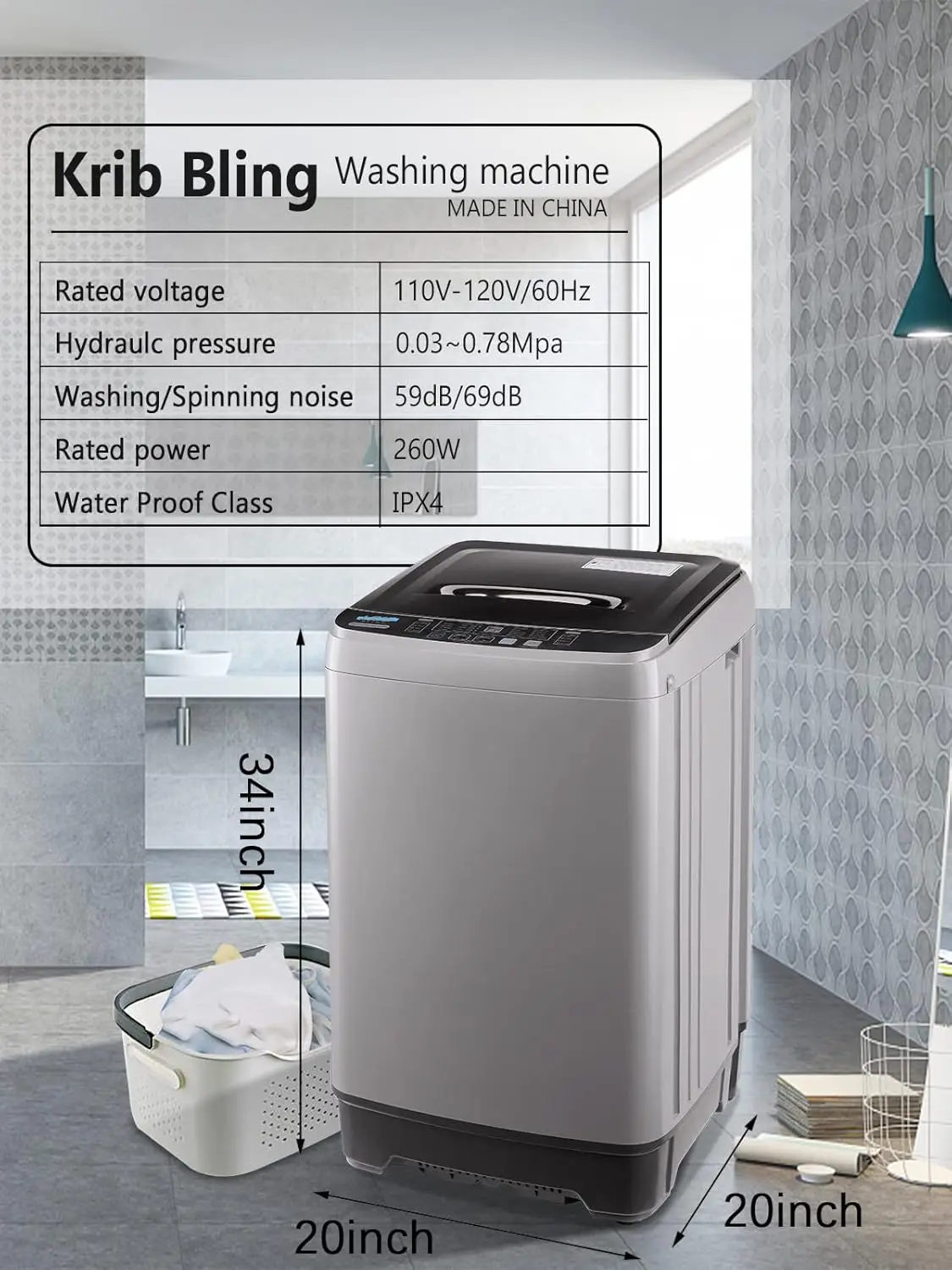 KRIB BLING Full Automatic Washing Machine with LED Display 17.7 lbs Portable Washer Drain Pump 10 Programs & 8 Water Levels