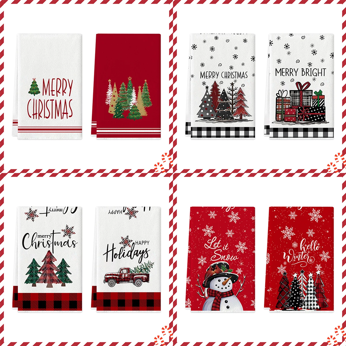 2pcs Christmas Tree Farm Kitchen Towels, Buffalo Plaid Napkins, Soft and Comfortable, Multi functional Towels,