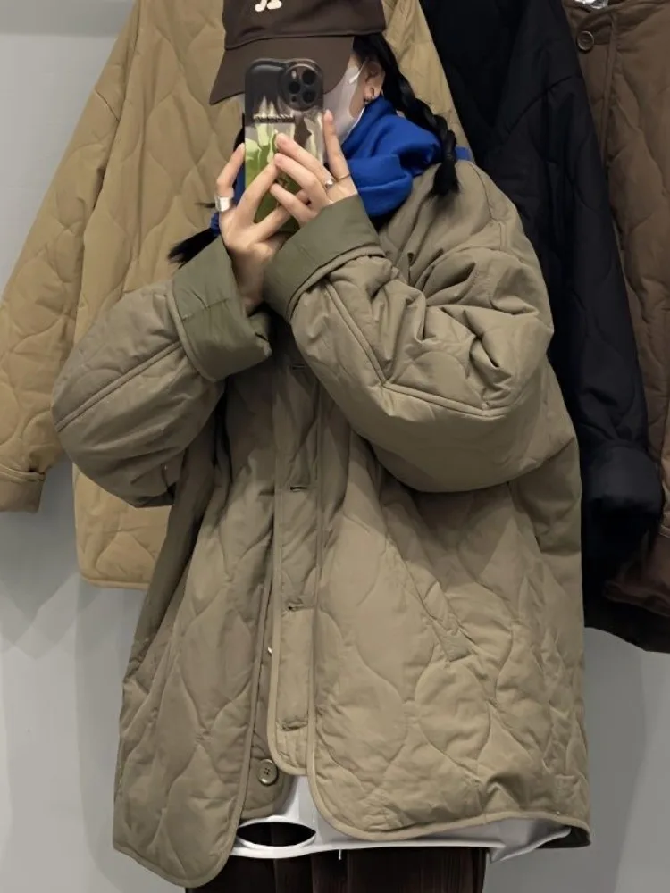 Retro Japanese Style Casual Cotton Jacket Women's Winter Lazy Loose plus Size Lightweight Warm Cotton Coat round Neck