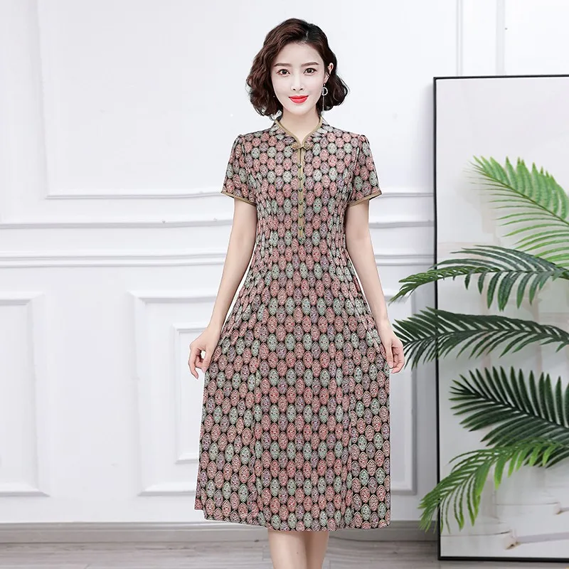 

Short Sleeve Vintage Print Summer Long Dresses For Women Chinese collar Casual Holiday Ladies Dress Elegant Clothes