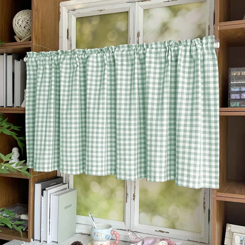 Cortina corta de tela a cuadros de estilo fresco adecuada para gabinetes, salas de estar, cocinas, ventanas, decoración diaria del hogar, 1/2 Uds.