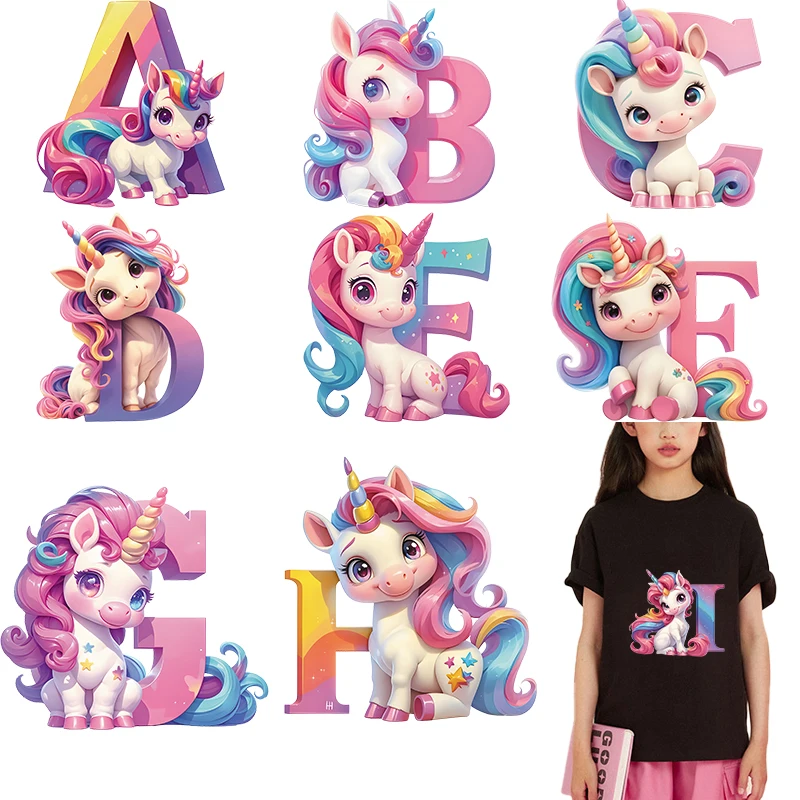 Unicorn and English Letters Iron on Transfers Dtf Transfers Ready to Press Patches for children Clothes Heat transfer stickers