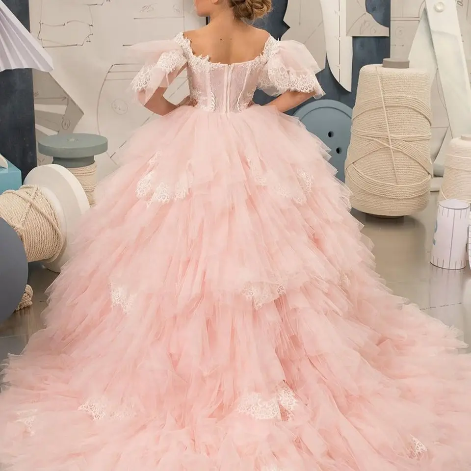 Abito da ballo Flower Girl Dress Pink Tulle Fluffy Layered For Wedding Little Princess Children First Holy comunione Prom Wear