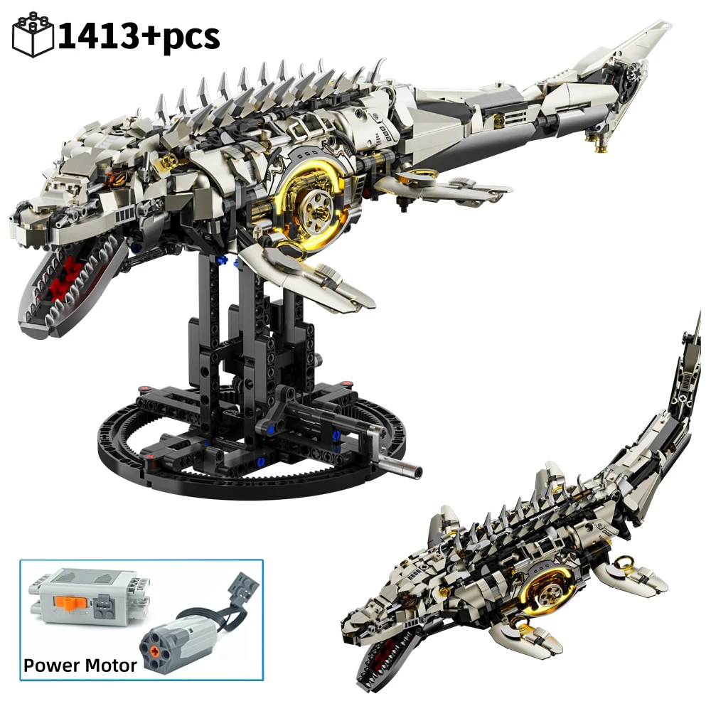 

Mechanical Mosasaurus Model 1413PCS Building Set With Light Action Linkage Sea Dragon Collectible Decor Christmas Gift