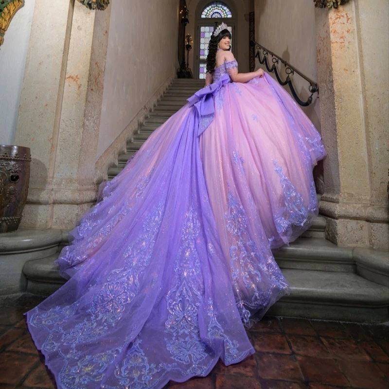 فساتين Quinceanera الخزامى قبالة الكتف الترتر زين الدانتيل الديكور القوس الوردي بطانة مشد حفلة عيد ميلاد الحلو 16 فستان #4