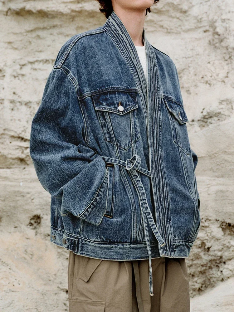 

2025 Spring Stylish Denim Jackets For Mens Streetwear Fashion Irregular Wrap V Neck Jean Cardigan Men Vintage Lace-up Jean Coat