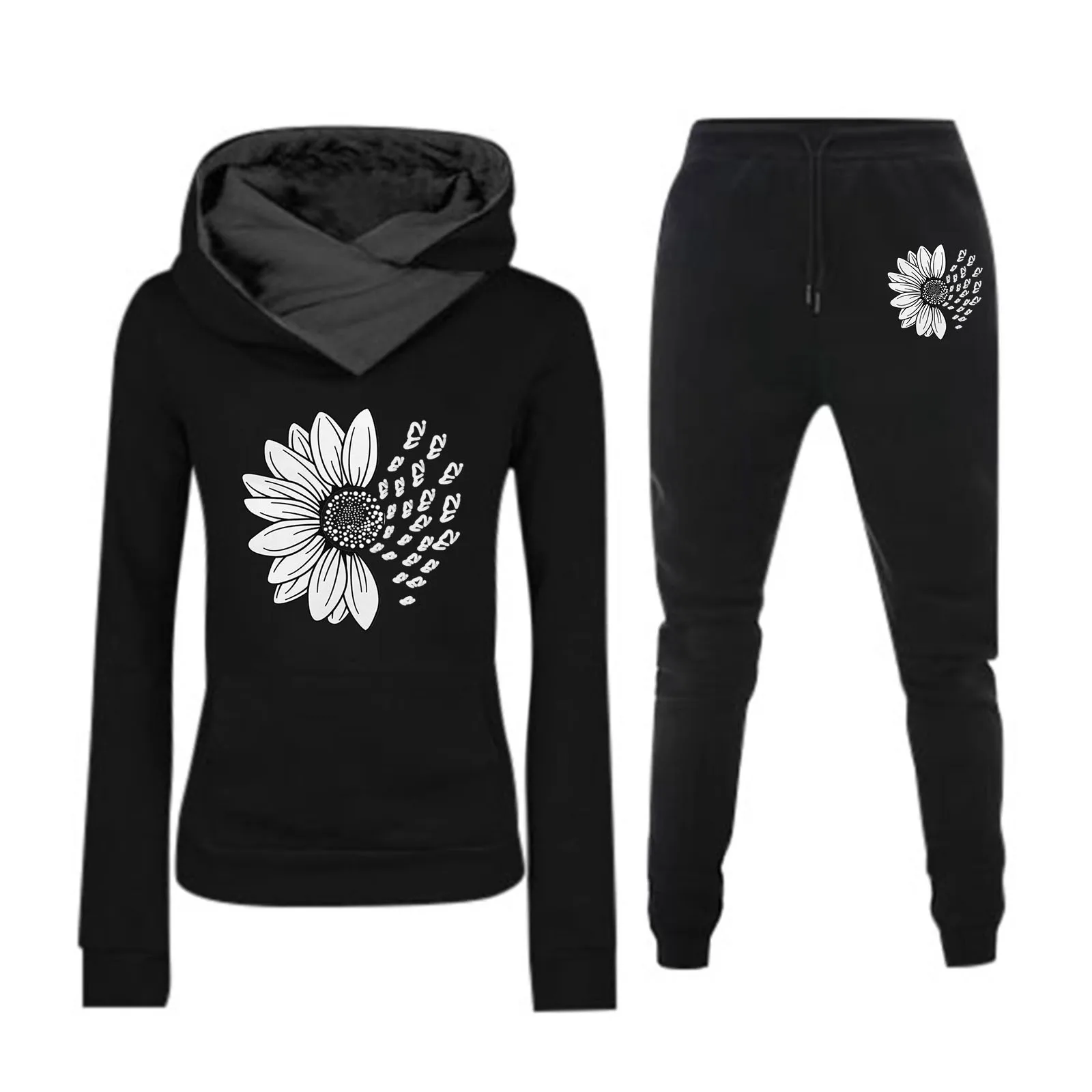 Women's Sunflower Print Fleece Lined Hoodie & Sweatpants Set Activewear For Style & Warmth Bridal Romper Ski Pants Bibs