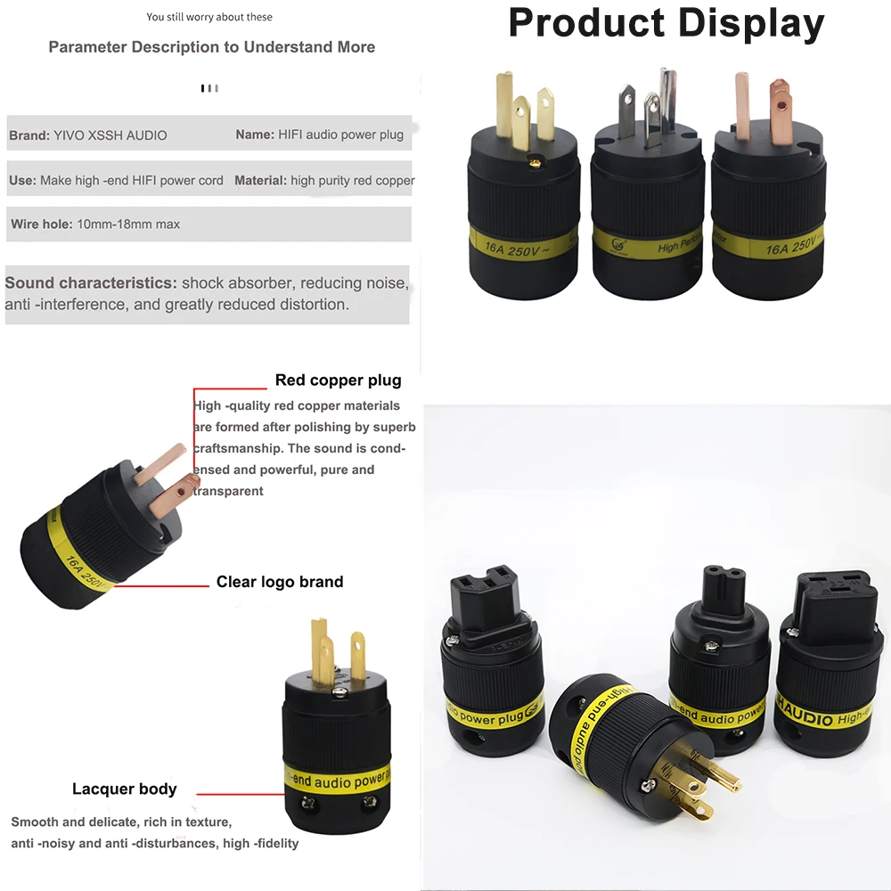 Plugue elétrico dourado banhado a cobre puro, conector de alimentação macho e fêmea HIFI Hi-end, plugue EUA, XSSH Audio Figure 8, 15A, 20A, IEC, DIY, 18mm