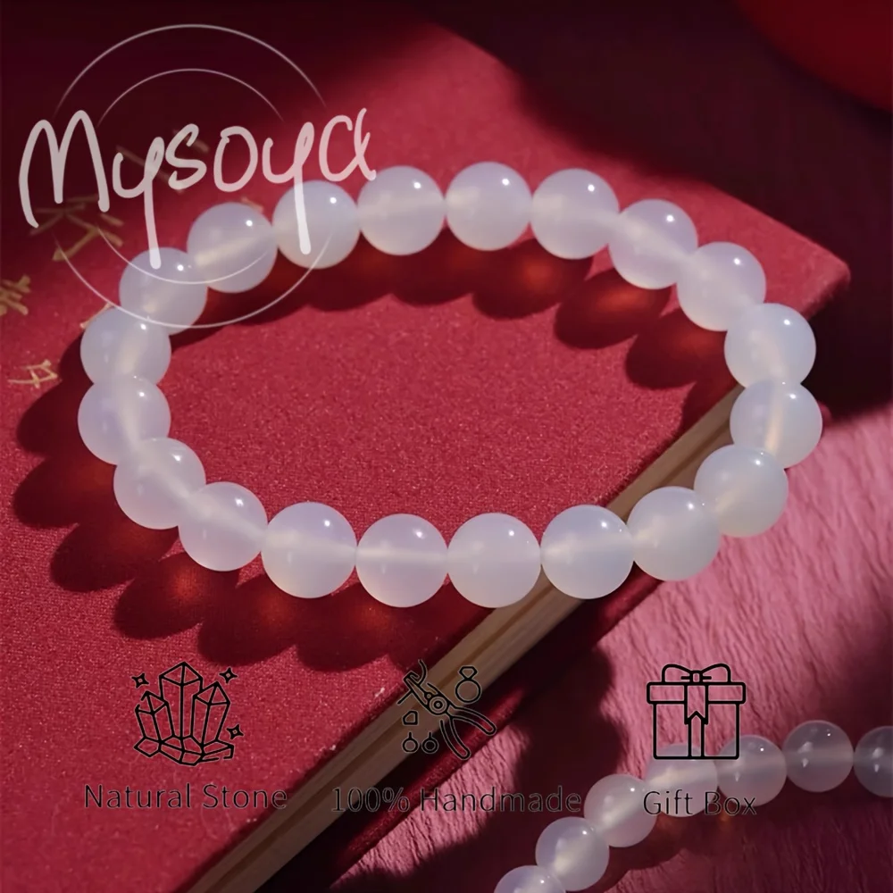

MYSOYA Premium Natural White Moonstone Cat Eye Bracelet Sri Lanka White Crystal Bead Bracelet With Gift Box