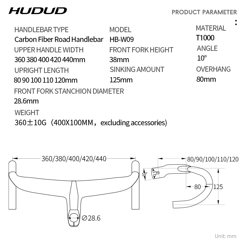 T1000 Carbon Integrated Handlebar 360g - 360-440mm - Forged Finish - Full Internal Routing - HUDUD HB09 Factory Direct