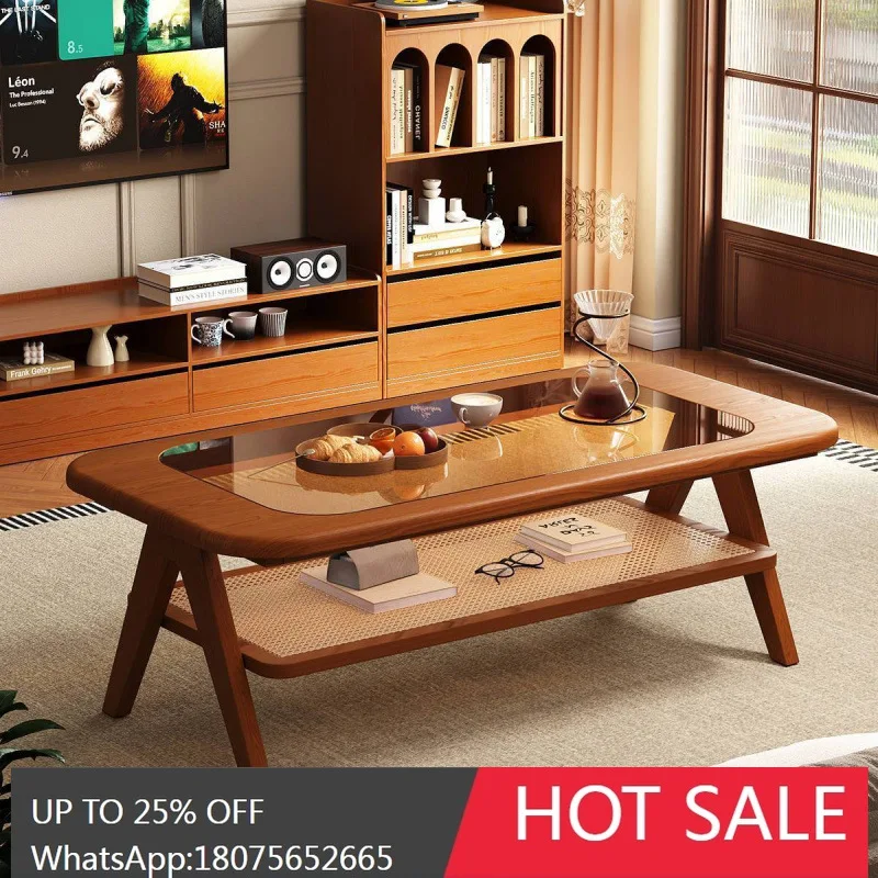 

SGF All Solid Wood Coffee Table for Home Use, High-End Balcony Glass Minimalist Vintage Rattan Tea Table