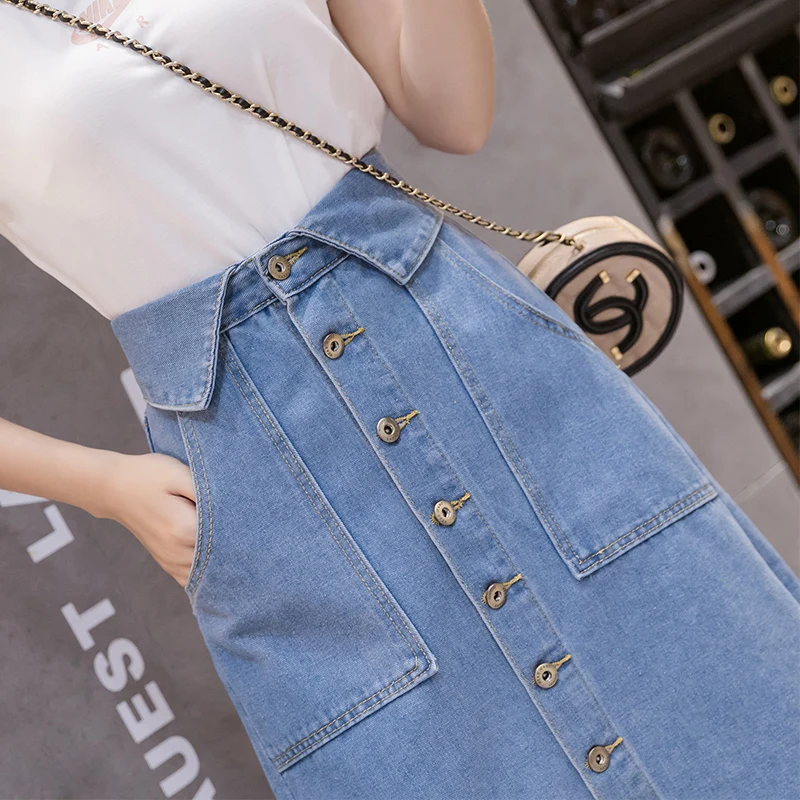 

Women's Pencil Jean Skirt High Waisted A-Line Long Denim Skirts Ins Button Down Side Split Hem Stretch Blue Jean Skirt