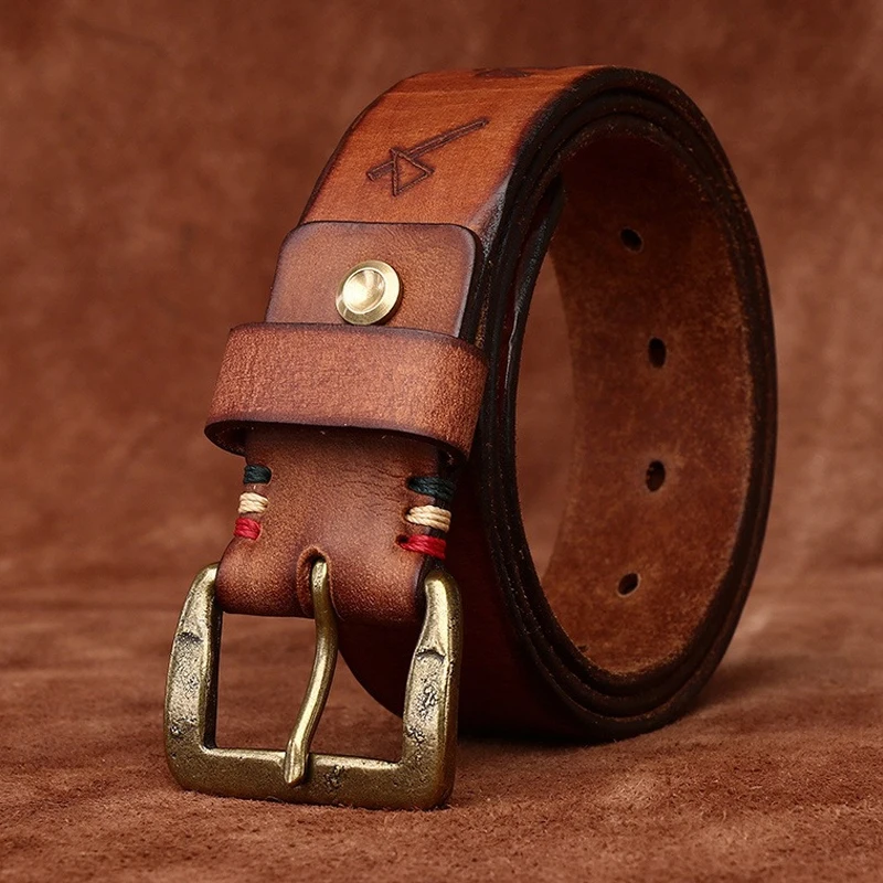 High Quality Handmade Pure Cowskin Copper Buckle Man's Belt 3.8CM Widen Pattern Design Genuine Leather Fashion Jeans Belt