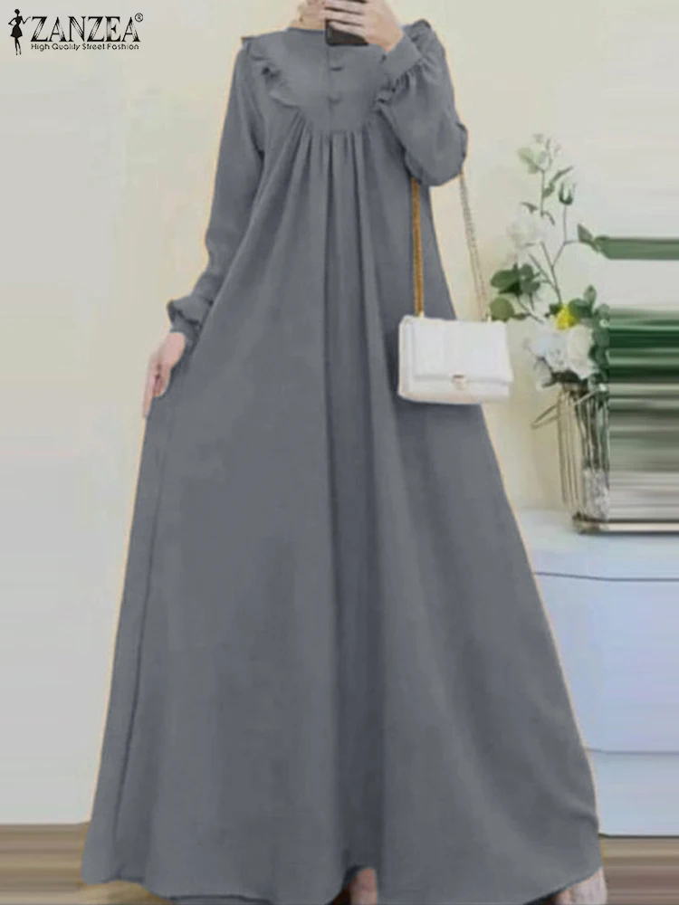 ZANZEA Fashion Solid Color Dress Woman Long Sleeve O-Neck Dresses Elegant Party Sundress Casual Abaya Kaftan Vestidos Oversized