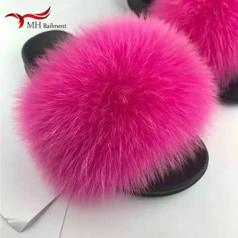Zapatillas de piel de zorro de verano para mujer, tacones planos peludos, chanclas rosas esponjosas, sandalias peludas de mapache acogedoras de alta calidad, zapatos de casa a la moda