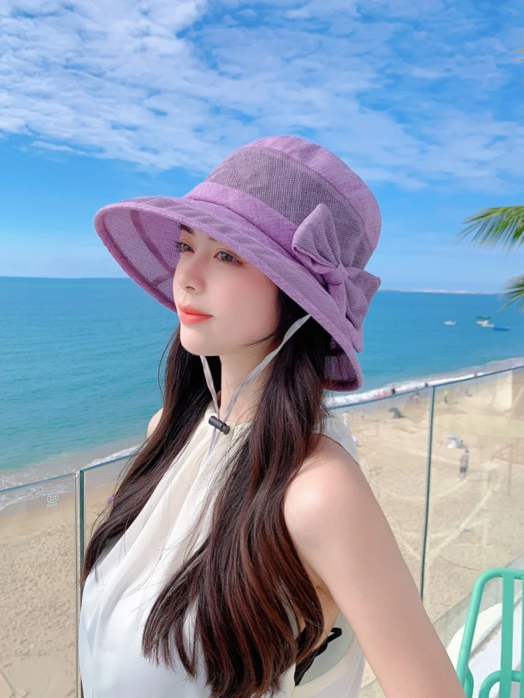 A fisherman hat, summer thin sunscreen hat, fashion tie-in bow hat, gauze short-brimmed ventilation hat, fashionable elegant sty