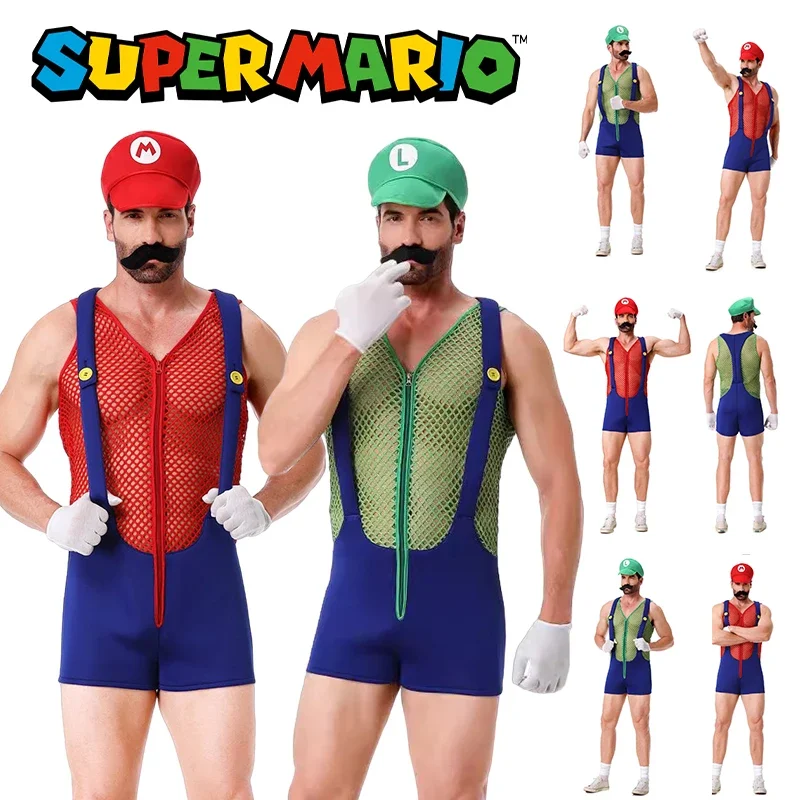 

Super Mario Bros Mesh Bib Overalls Sexy Cosplay Luigi Dungaree Men Boys Halloween Christmas Party Carnival Stage Funny Underwear