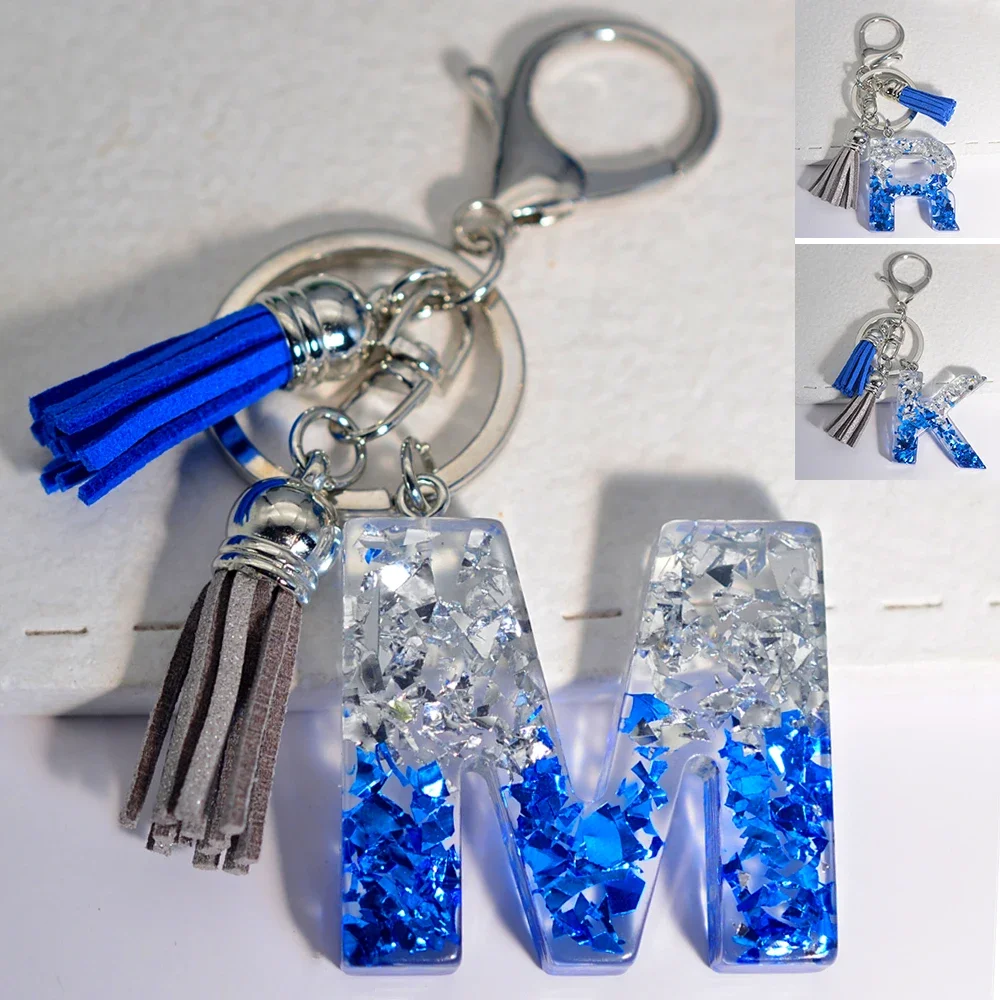 Glacier Sea 26 Initials Resin Keychain A to Z Sequin Filling Keyring for Women Men Blue Gray Tassel Pendant Handbag Accessories