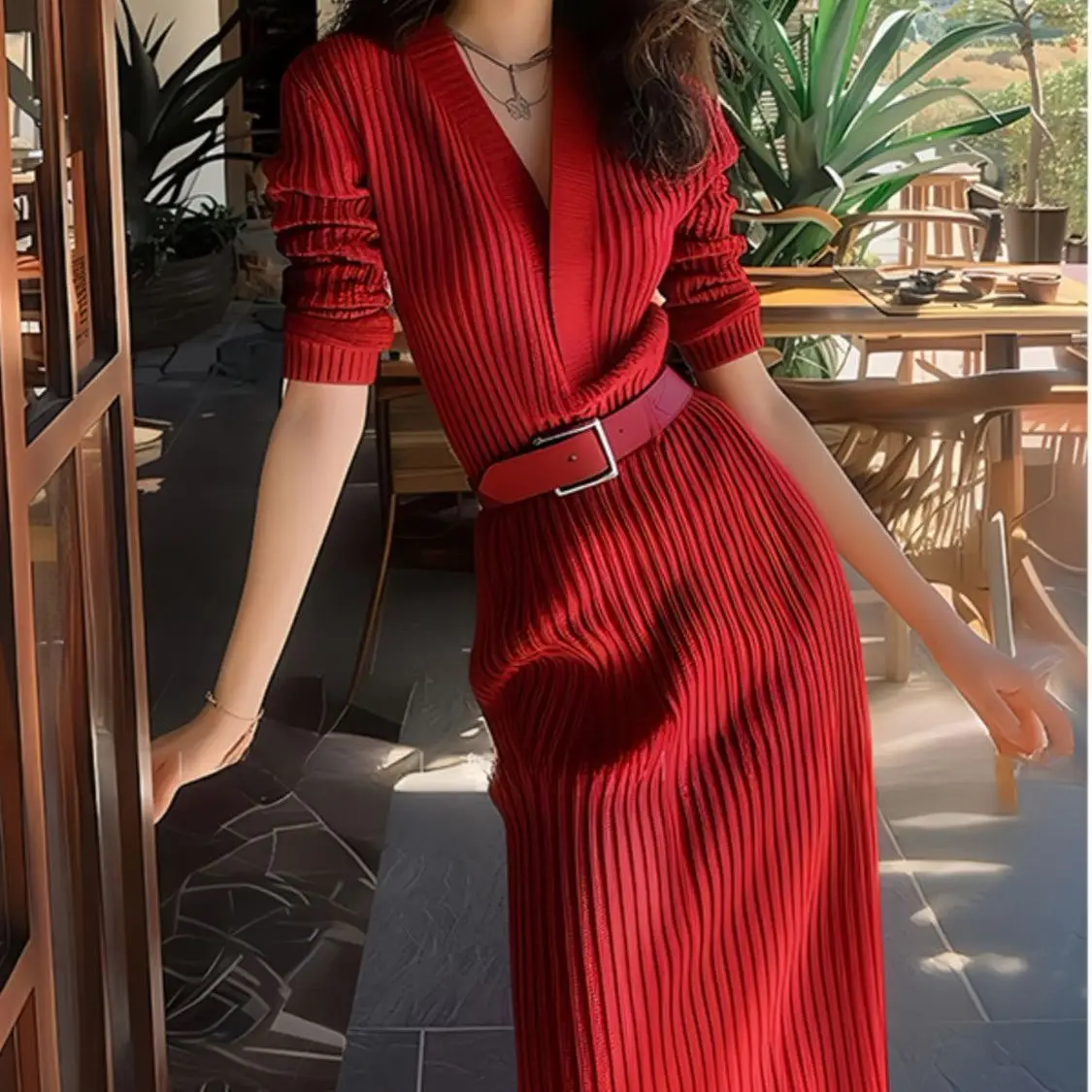 Gebreide jurk V-hals herfst nieuwe herfstkleding geavanceerde herfst- en wintertrui lange rok Franse rok dameskleding