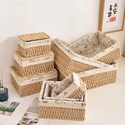 Woven Storage Baskets with Lid Handmade Rattan Box Desktop Sundries Organizer Food  Book Snack Picnic Basket Wicker Baskets