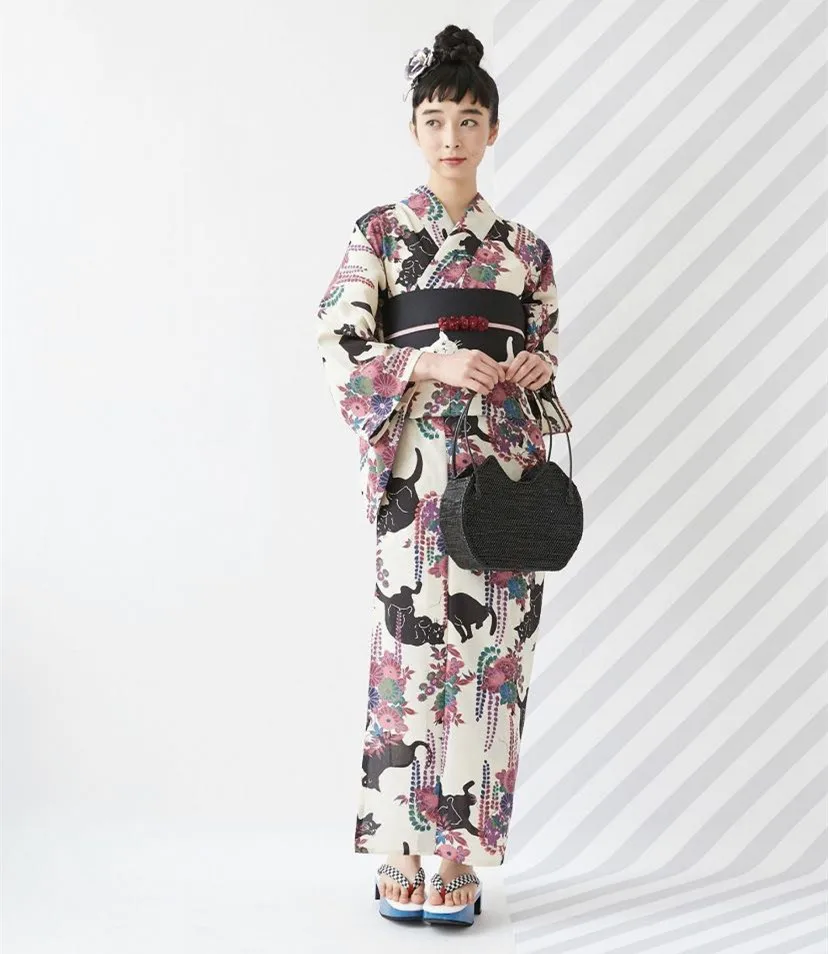 

Women's Japanese Traditional Kimono with Obi Kitten Prints Formal Yukata Cosplay Costume Photography Dress