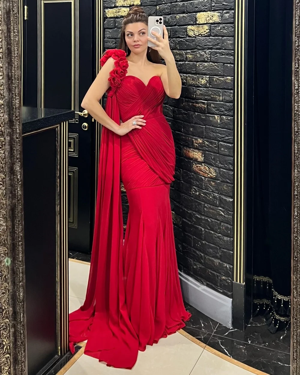 Customized Chiffon Handmade Flower Pleat Mermaid Floor-length Bespoke Occasion Dresses Party Dresses Elegant Charming Wedding