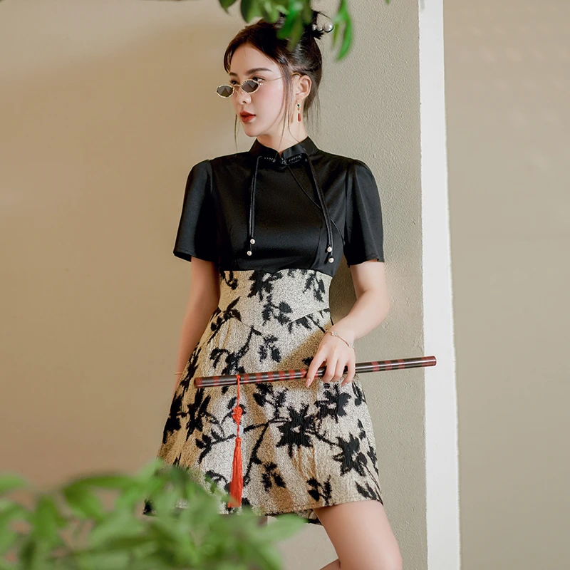 Retro yeni çin tarzı dikiş A-line Qipao elbise yaz kısa kollu zarif Cheongsam