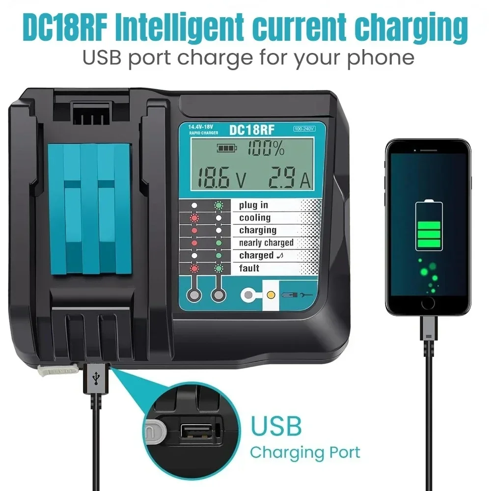 For Makita 14.4V-18V Lithium Battery BL1860B,BL1830,,BL1415,BL1440 DC18RF Super Fast Charger with LED Screen, USB Port