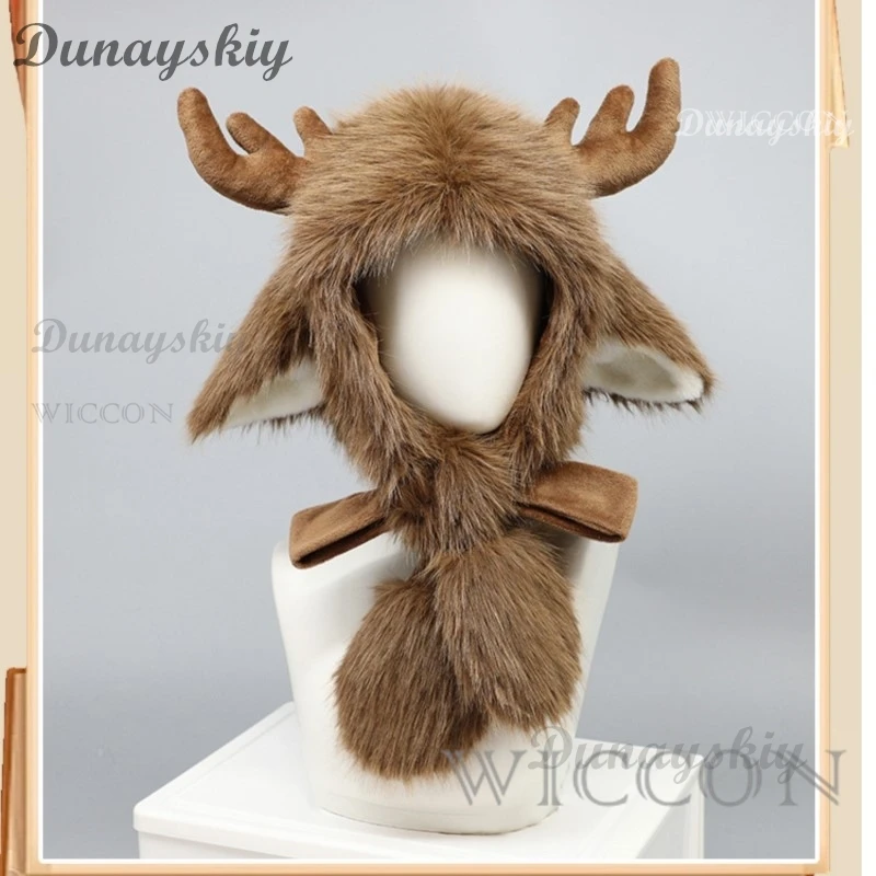 Mori Girl Plush Elk Cosplay Headwear Christmas Winter Antler Deer Printing Elk Earmuffs Cap