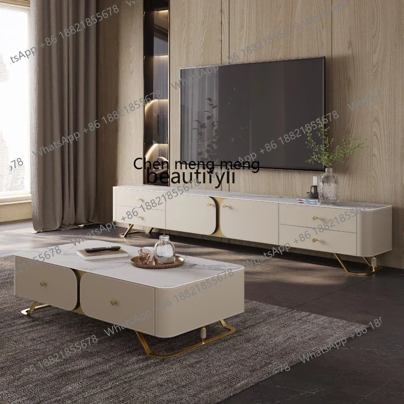 Modern light luxury TV cabinet rock slab high-end living room rectangular saddle leather combination coffee table