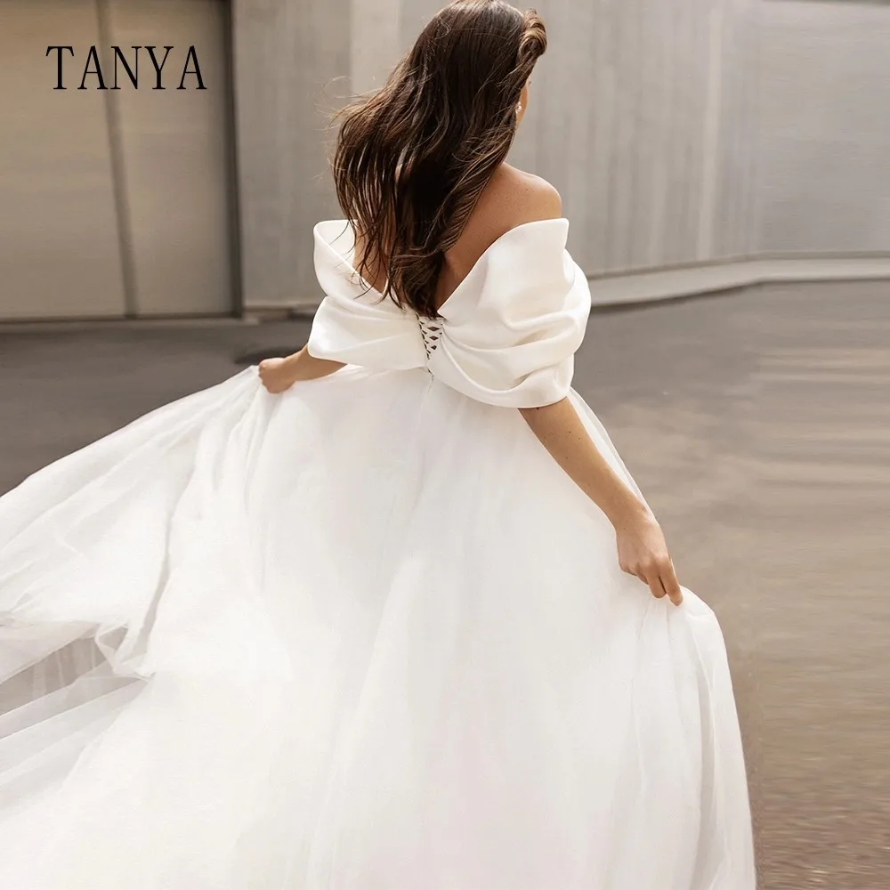 Sweetheart Satin Wedding Dress For Women Off The Shoulder A Line High Split Lace Up Back Sweep Train Boho Bridal Gown TSWD220