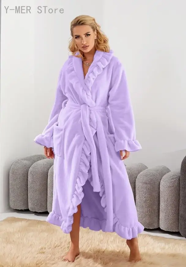 Women Long Warm Bathrobe for Ladies Autumn Winter Thick Coral Fleece Robe Soft Fluffy Loungewear Homewear Night Gown 6