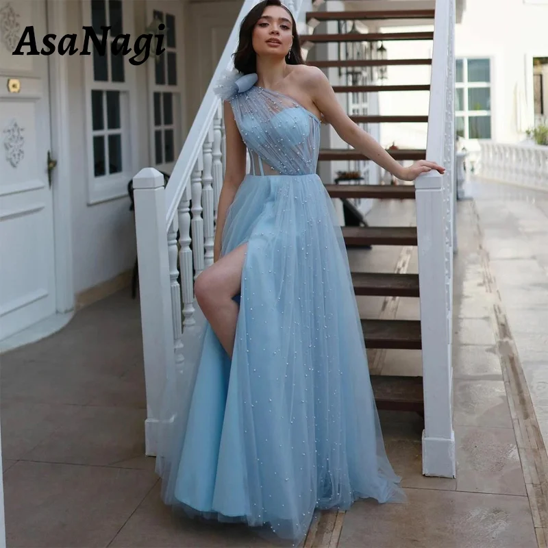 

AsaNagi Sexy One Shoulder Pearl Evening Gown Women's A Line Light Blue Party Prom Dress Floor Length Slit Special Occasion Gowns