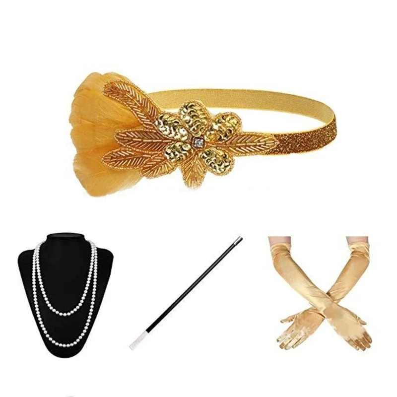 

1920s Flapper Gatsby Costume Accessories Set 20s Long Gloves Necklace Earrings Flapper Headpiece Headband for Womens 57BD