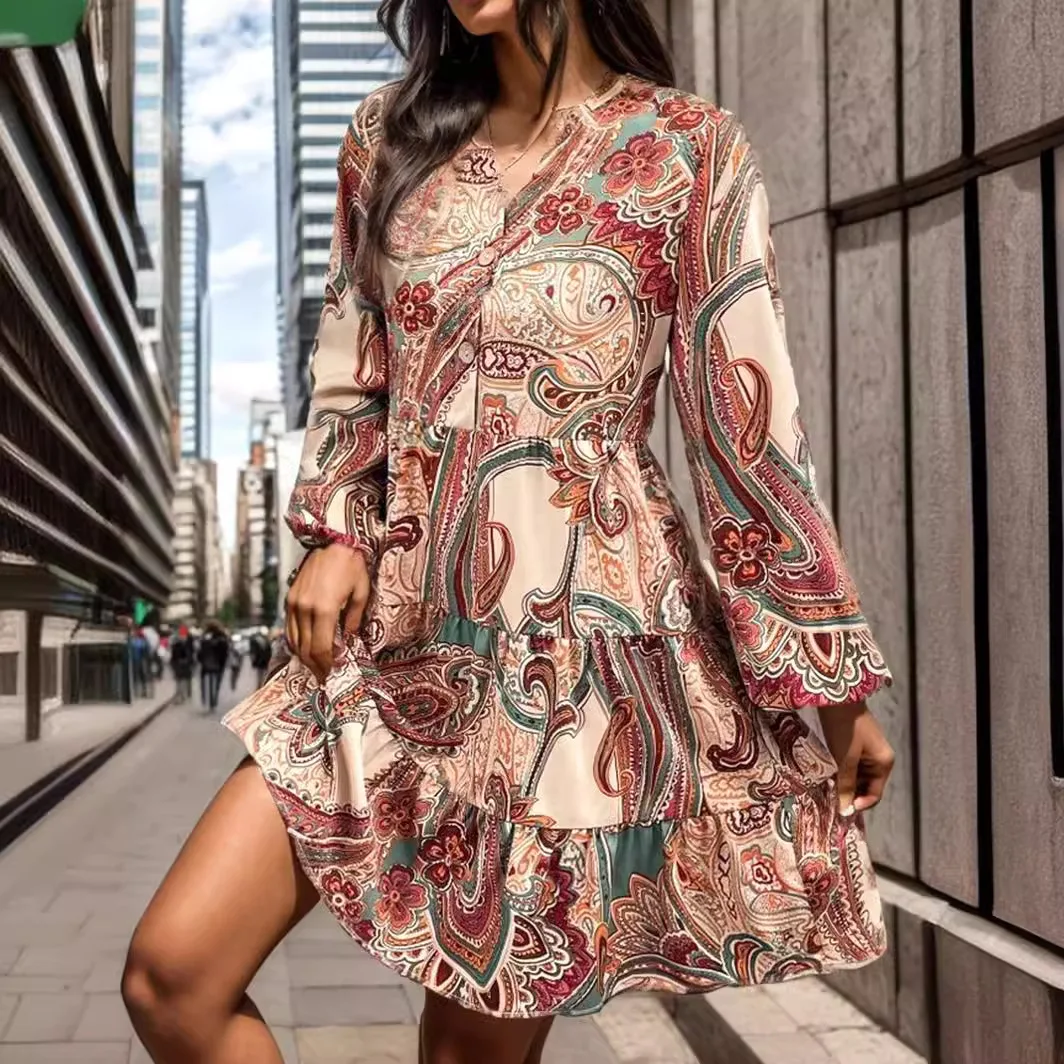 European and American new autumn V-neck button cashew print long sleeved dress vestidos de fiesta elegantes para mujer 2024