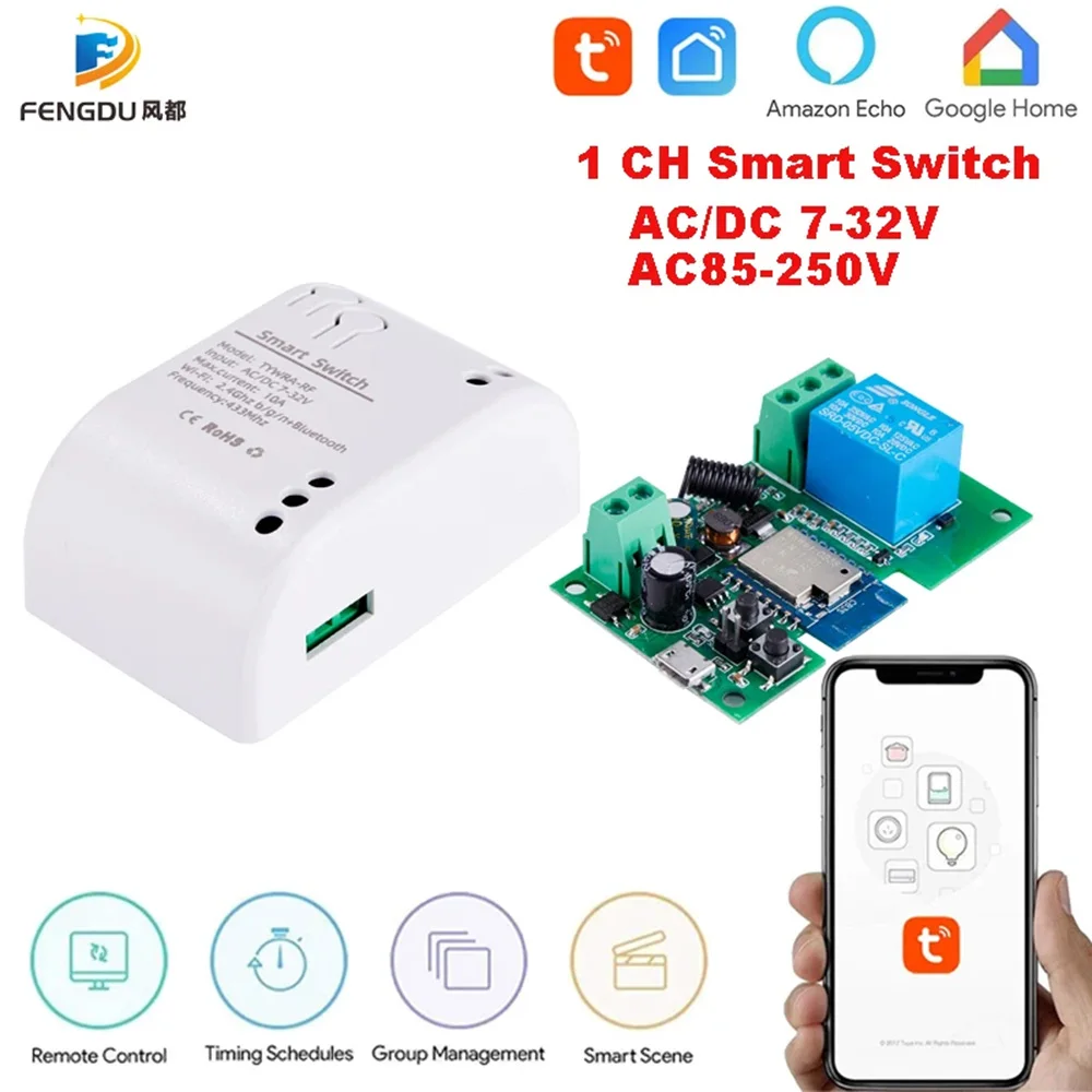 

Умный выключатель Tuya Smart Life, 1-канальный, RF, 12 В, 24 В, 7-32 В переменного тока, переключатель Wi-Fi, работает с Alexa Google Home
