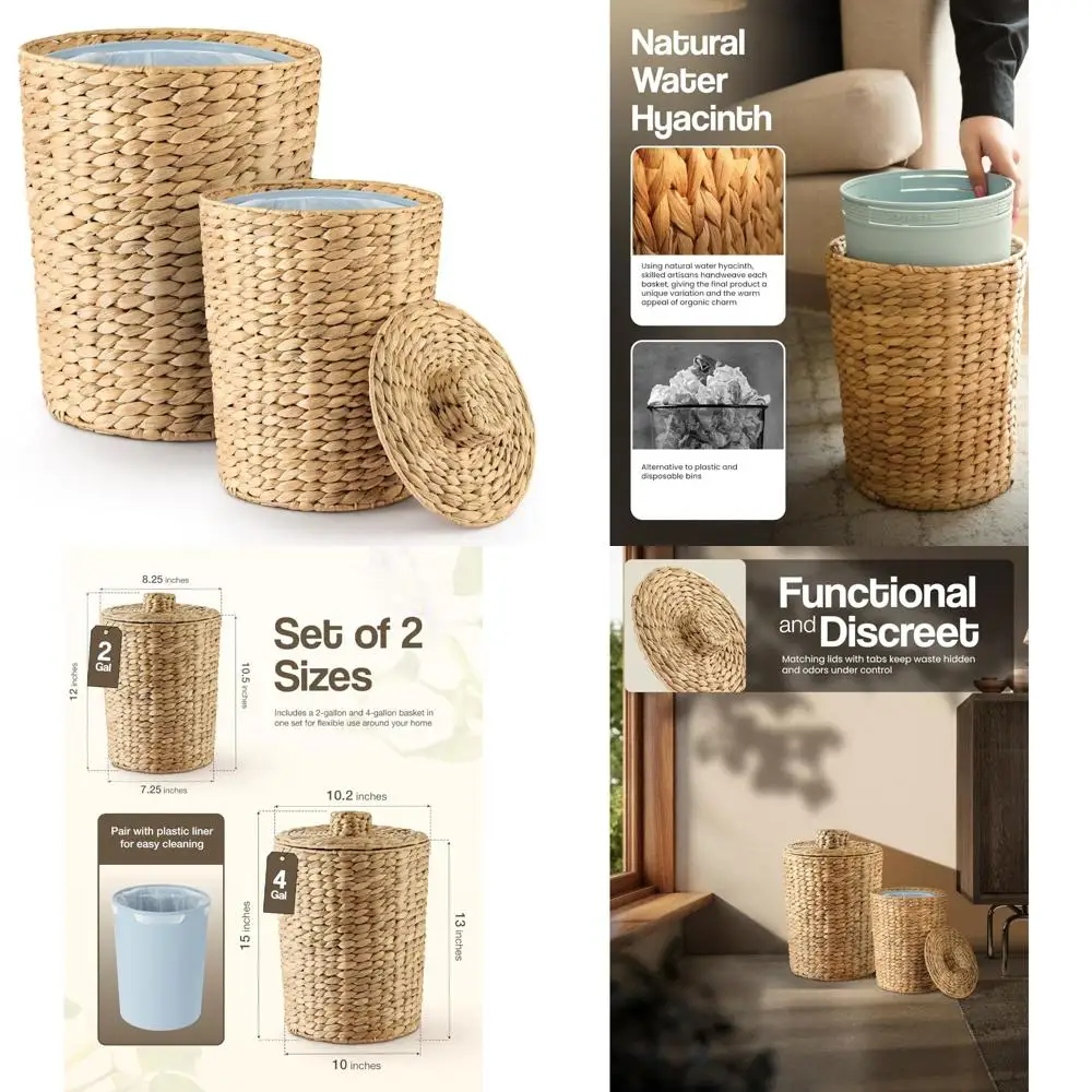 

Wicker Trash Cans with Lids - Set of 2 Water Hyacinth Waste Baskets for Bathroom Use - 2 Gallon Capacity Bathroom Garbage Cans w