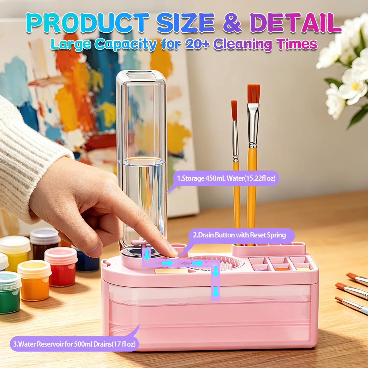 Portable 450ml Brush Washer with Press-to-Change Water Bucket, Suitable for Acrylic Paint Makeup brushes Cleaning Tools