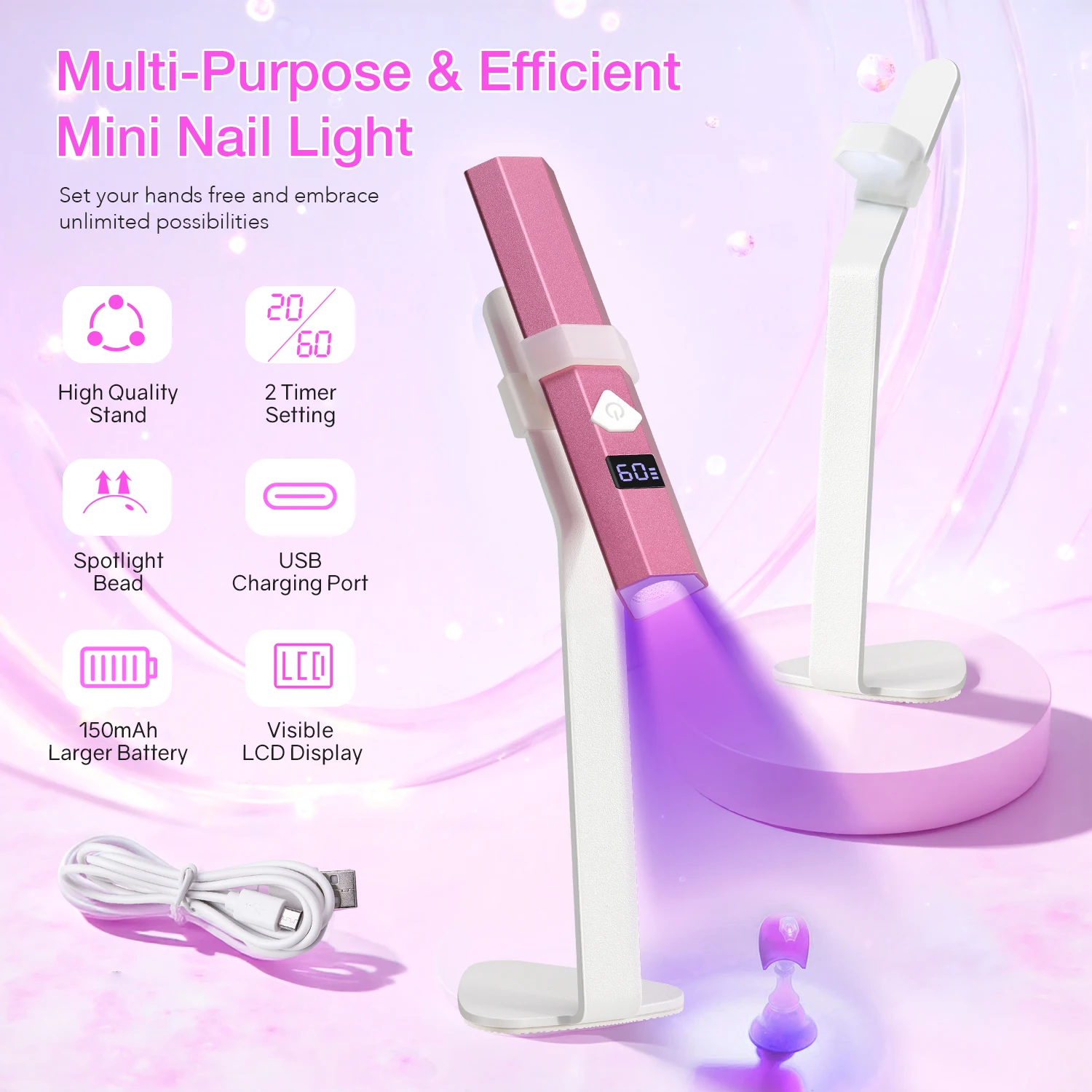 무선 휴대용 미니 네일 램프, 충전식 UV LED 네일 드라이어 (스탠드 포함), 속건성 전문가용 젤 네일 램프
