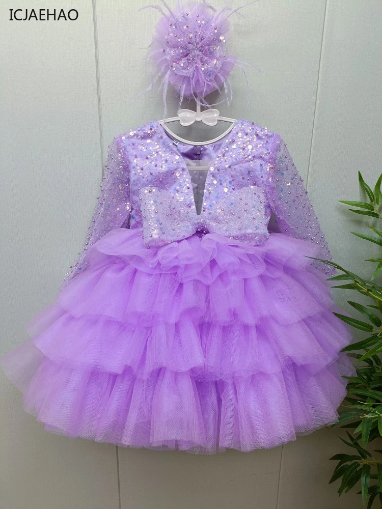 Girls Dress Princess Dream Purple Fluffy Yarn Heavy Industry Flower Girl Bow Children's Dresses Party Birthday Wedding Clothes