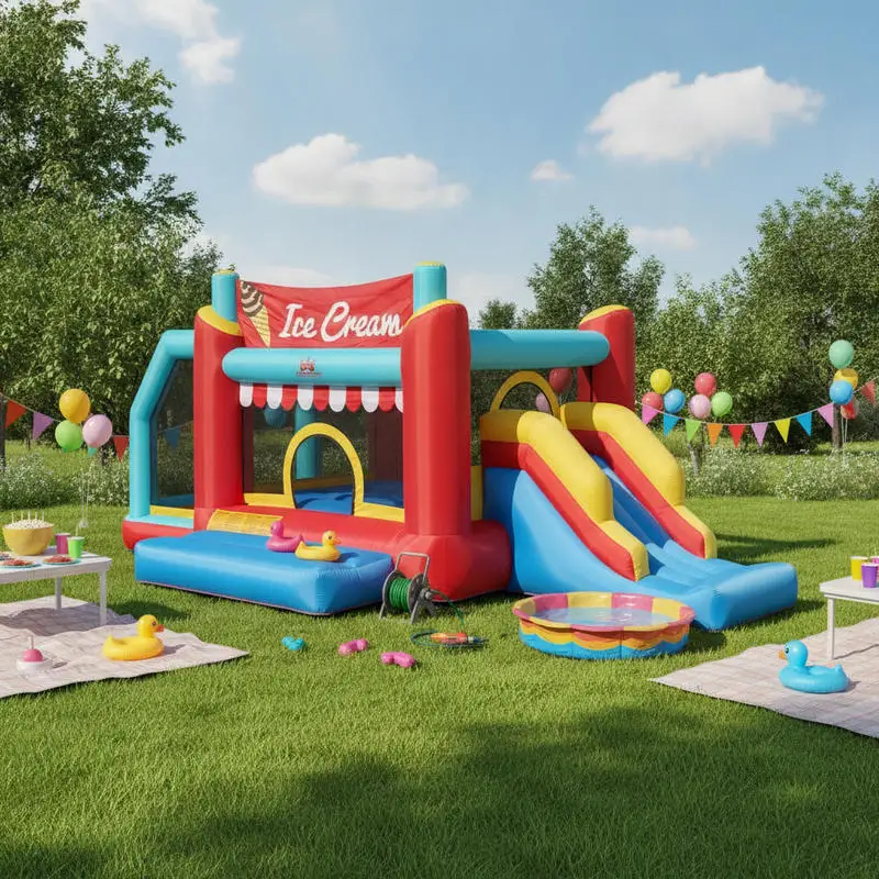 Château gonflable 5-en-1 en forme de crème glacée avec toboggan, espace de jeu gonflable sécurisé pour enfants sans souffleur, design sonore interactif pour plus de plaisir, maison de jeu gonflable portable pour enfants, pour divertissement intérieur et extérieur dans la cour.
