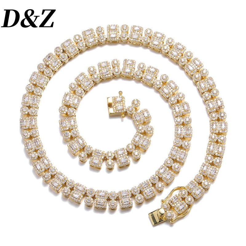 

D&Z Fashion Iced Out Square Zircon Double Layer Tennis Chain Bracelet Necklace Men's Hip Pop 10MM Width Gold Plated Jewelry Set