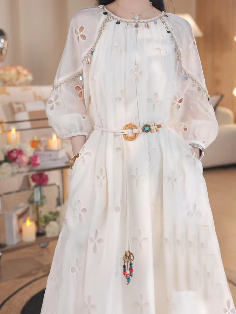 

Women's Elegant O-Neck Waist Cinched Long Skirt With Belt French Style Design Bubble Sleeve Embroidered Hollow Out Dress