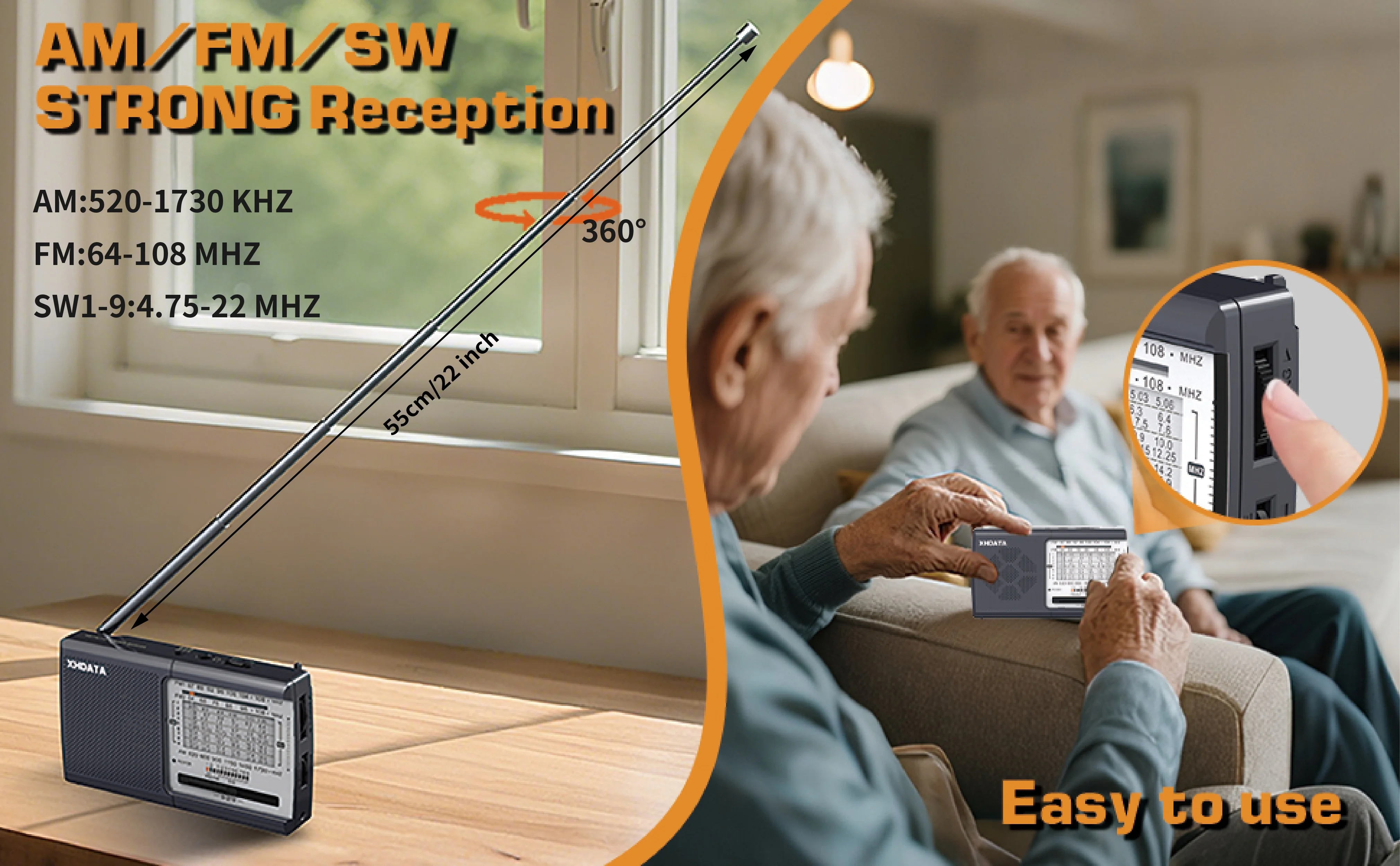 XHDATA D-219/TECSUN R-9012 FM/AM/SW Tragbares Taschenradio mit gutem Klang und Kopfhöreranschluss für Senioren, Zuhause und Outdoor-Aktivitäten – Detail 2